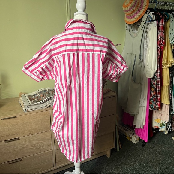A NEW DAY Pink Stripe Relaxed Fit Button Down Shirt Cotton Midi Mini Dress Sz S - Picture 9 of 16